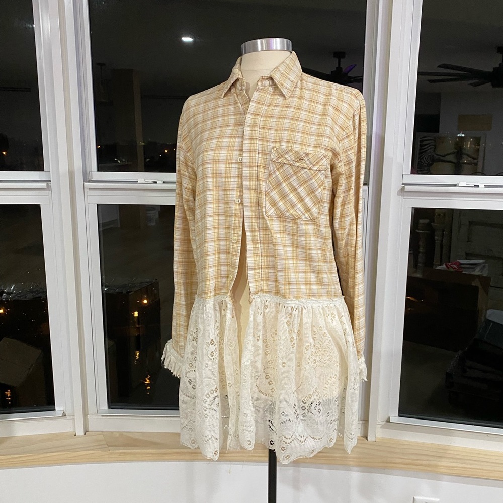 Reborn to relove vintage feminine flannel shirt with lace trim & crocheted back